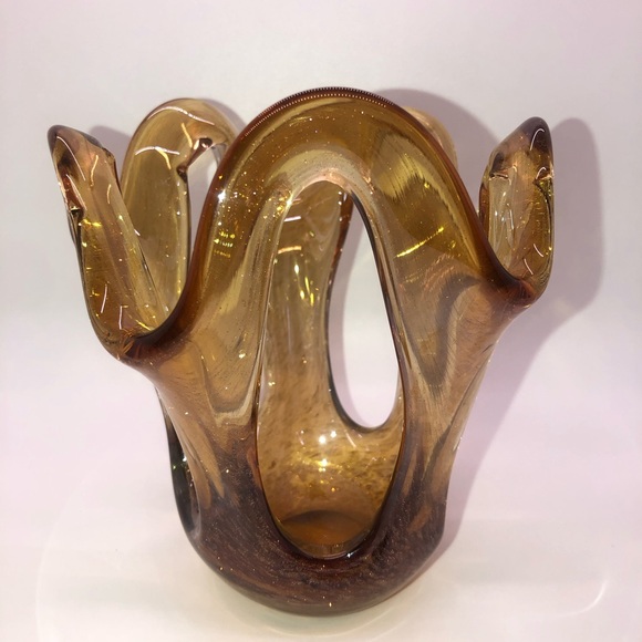 Murano Amber Glass Sculpture Bowl Mid Century Modern 7” H 6” W - Picture 2 of 9
